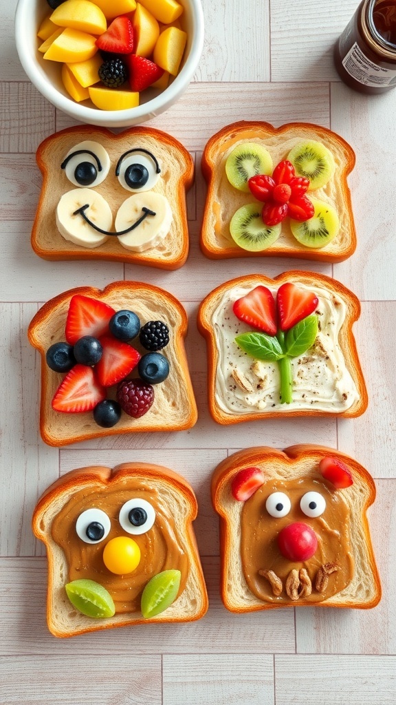 Colorful toast art with various toppings like fruits and nut butter, displayed on a wooden table.
